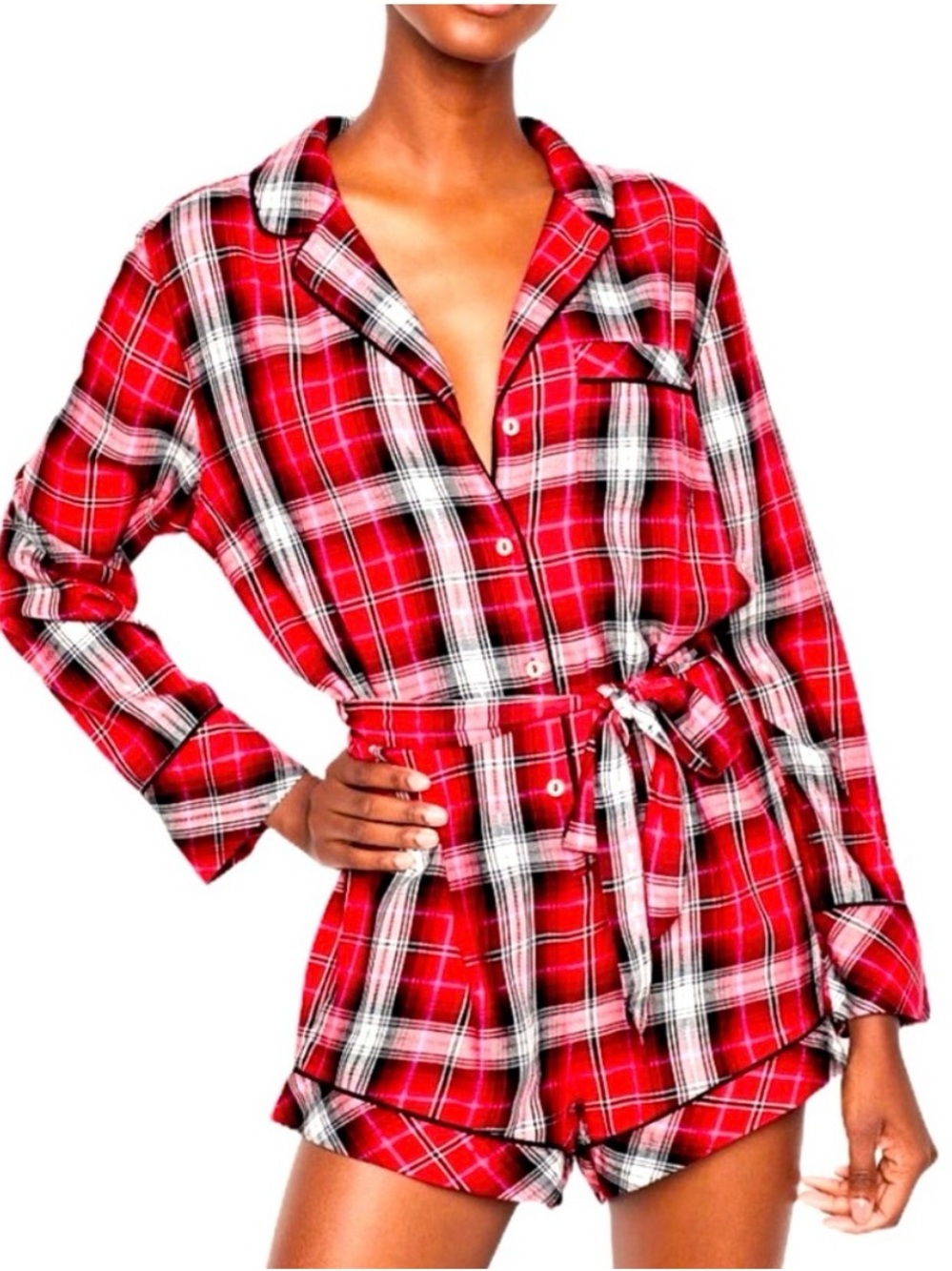 Victoria's Secret Red and Black Plaid Flannel Tie Romper
